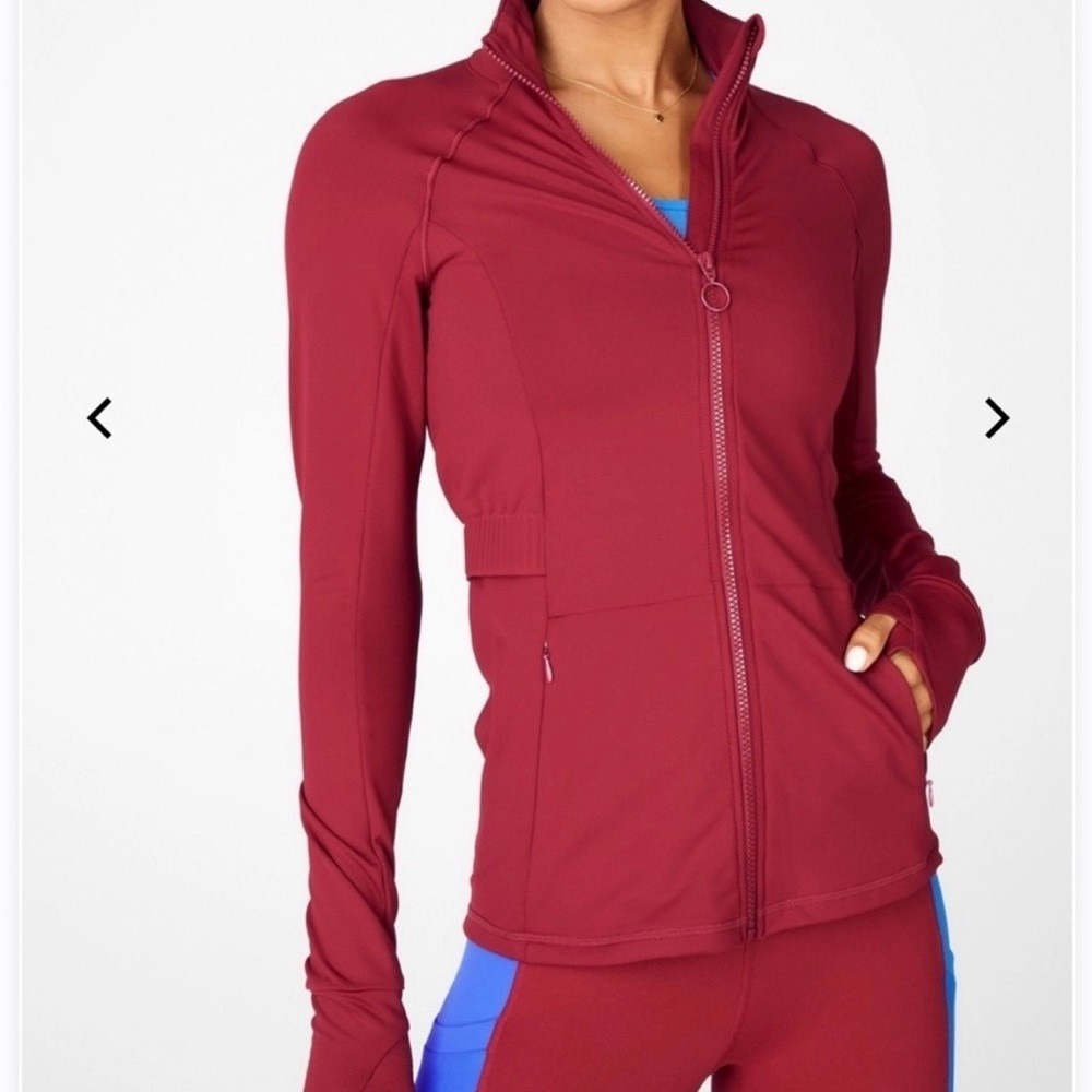 Fabletics Performance Full Zip‎ Athletic Jacket Red Thumbhole Mock Neck Yoga S??